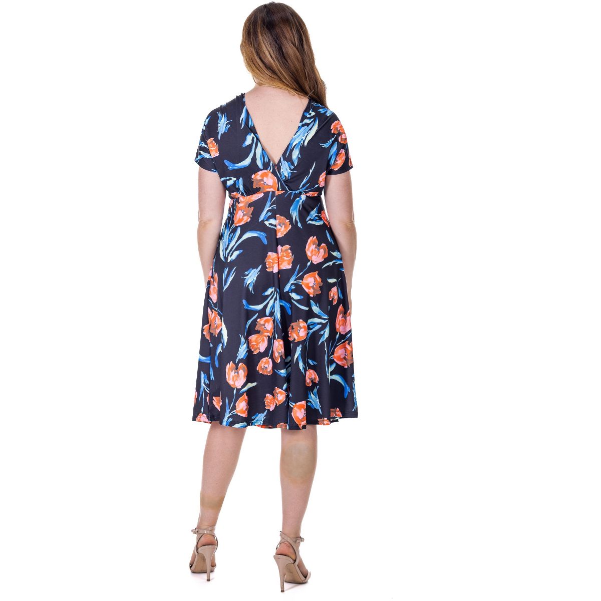 24seven Comfort Apparel Petite Tulip Print V Neck Empire Waist Cap Sleeve Knee Length Dress - thumbnail 3