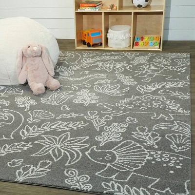 Gray Synthetic Non-slip Rectangular Kids' Dinosaur Rug