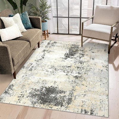 8'x10' Washable Abstract Rug - Modern Non-Slip Carpet for Living Room, Nursery, Kitchen - Grey/Beige