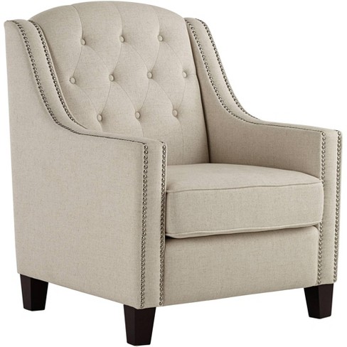 55 Downing Street Tivoli Beige Linen, Tufted Arm Chair