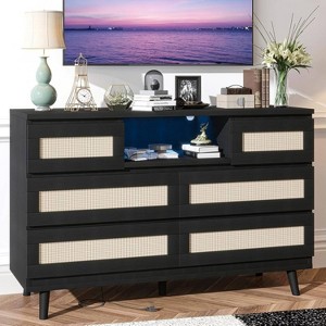 Zstar Rattan 6 Drawers LED Dresser with Charging Station for Closet, Living Room, Hallway - 1 of 4
