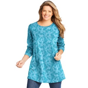 Woman Within Women's Plus Size Perfect Printed Long-Sleeve Crewneck Tunic - 1 of 4