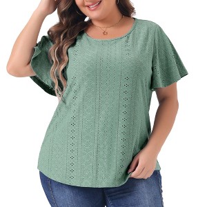 Agnes Orinda Women's Plus Size Eyelet Embroidered Round Neck Flare Sleeve Casual Summer Blouses - 1 of 4