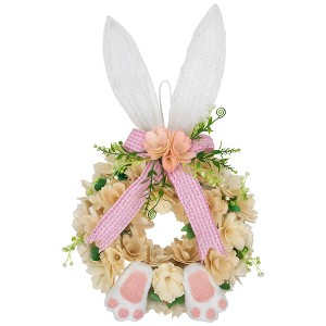 Northlight Wooden Floral Artificial Easter Wreath with Rabbit Ears and Paws - 18" - 1 of 4