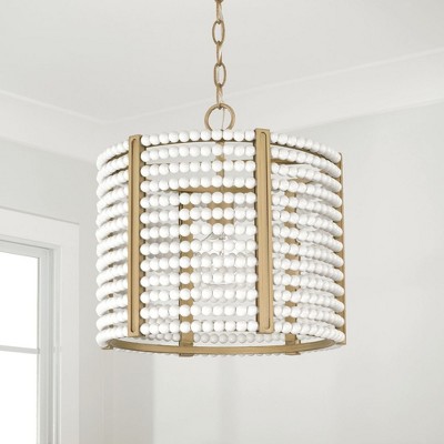 Aged Brass Painted Drum Pendant with White Wooden Beads