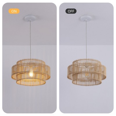 16'' Beige Bamboo and Metal Pendant Light with Adjustable Height