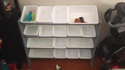 Basics Kids Toy Storage Organizer With 12 Plastic Bins, Natural Wood  With Bright Bins, 10.9 D x 33.6 W x 31.1 H