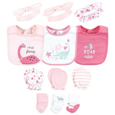 Image of Hudson Baby Infant Girl Caps or Headbands, Bibs, Mittens and Socks 12pc Set, Dinosaur, 0-6 Months