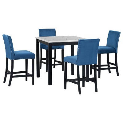 TiramisuBest 5psc Counter Height Dining Table Set with One Faux Marble Top Dining Table and Four Velvet-Upholstered Chairs,Black