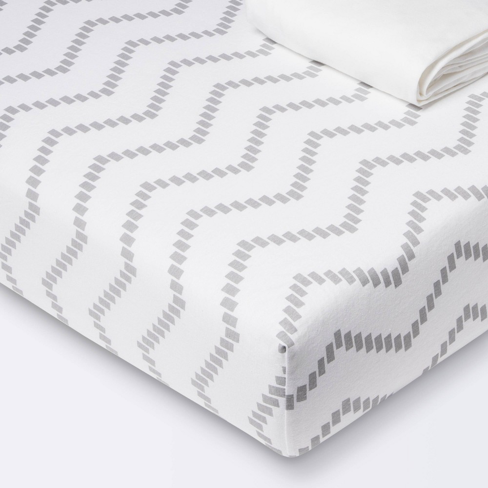 Photos - Bed Linen Fitted Jersey Crib Sheet - Cloud Island™ Gray Chevron and Solid White - 2p