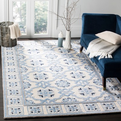 Ivory and Blue Hand-Tufted Wool Square Rug