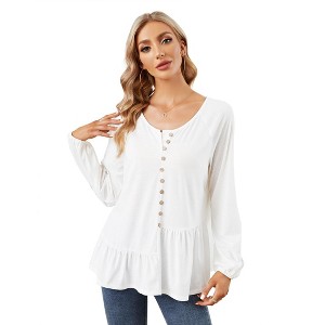 Clearlove Women's Casual V Neck Button Shirt Long Sleeve Blouse Asymmetrical Loose Flowy Ruffled Blouses - 1 of 4