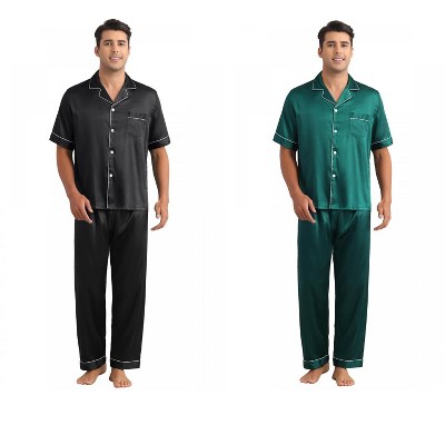 INSPIRE CHIC Men's 2 Pack Satin Pajamas Sets Classic Short Sleeve Sleepwear
