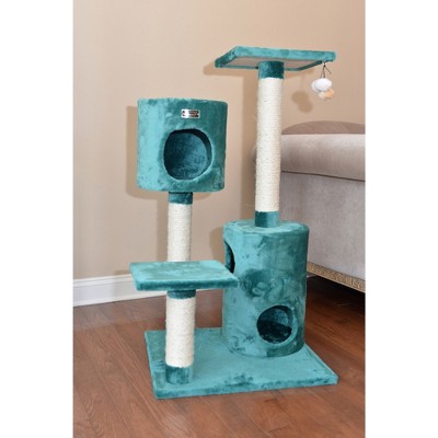 Dark Green Faux Fur and Sisal Cat Tree with Playhouses