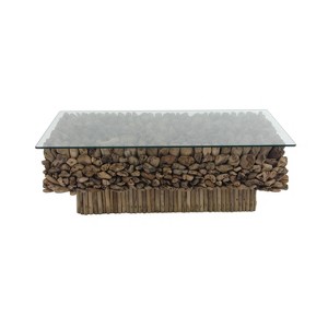 Rectangular Contemporary Driftwood Coffee Table Brown - Olivia & May: Handmade, No Assembly, Glass Top - 1 of 4