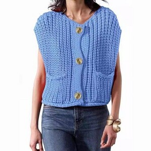 Sleeveless Cropped Button Down Cardigan Sweater Vest for Women Trendy Crochet Cable Knit Tops with Pockets - 1 of 4