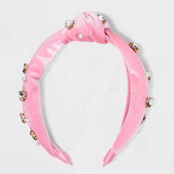 Pearls and Heart Stones Knot Top Velvet Headband - A New Day™ Pink
