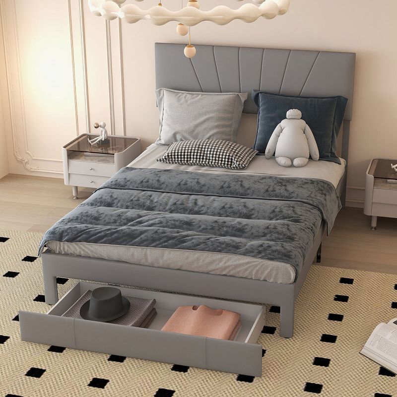 Tangkula Full/Queen Upholstered Bed Frame Platform Bed with Drawer & Adjustable Headboard Grey, 3 of 11