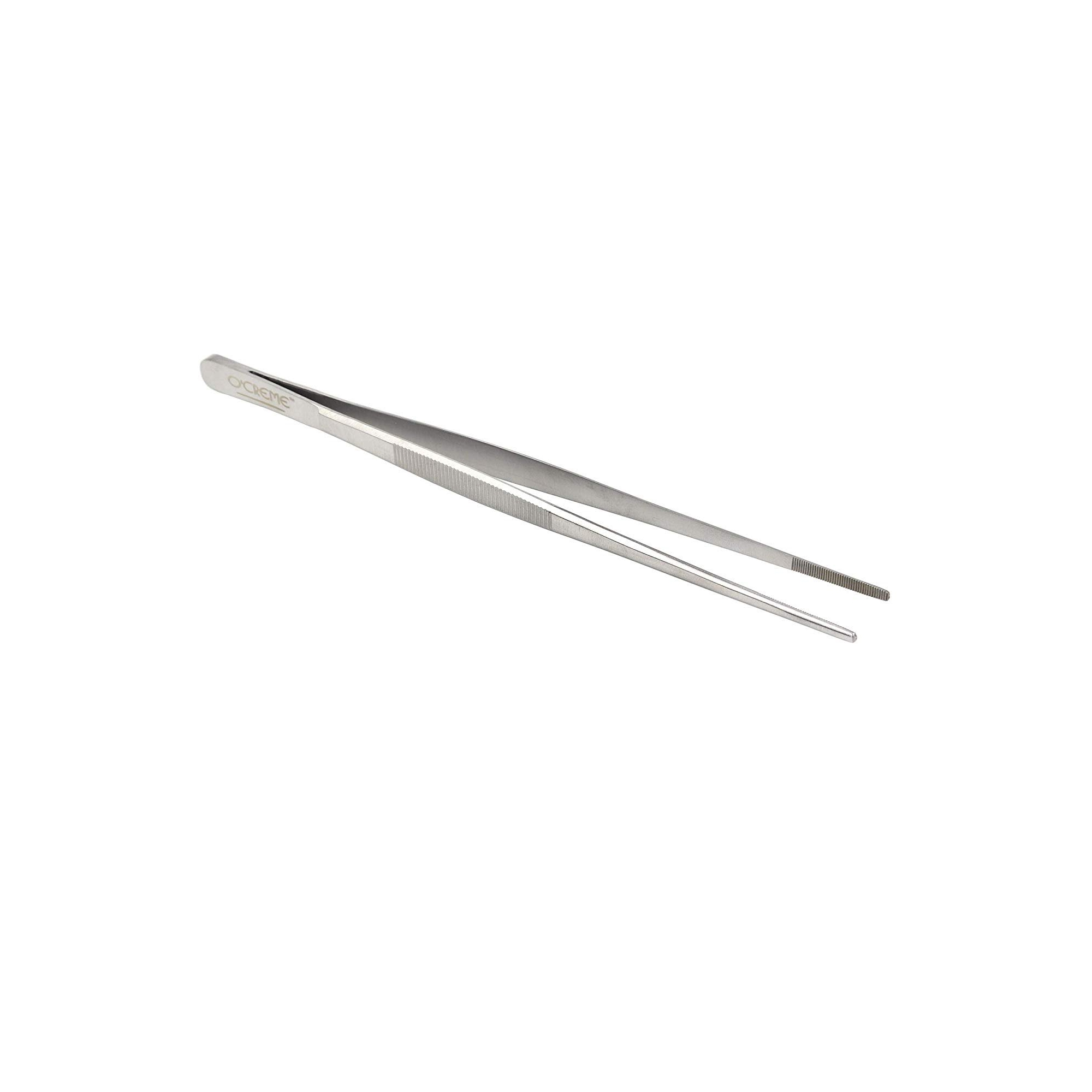 O'Creme Stainless Steel Precision Kitchen Tweezer Tongs with Serrated Tips for Gripping - Silver, 10"