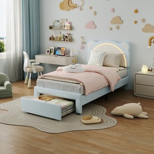 Full Size Bed Frame for Kids, Upholstered Platform Bed Frame with Adjustable Headboard & Led Light, No Box Spring Needed, for Kids' Room Nursery - 1 of 4