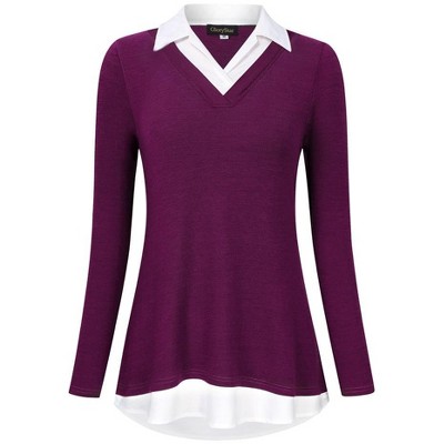 WhizMax Women's Long Sleeve Contrast Collared Shirts Patchwork Work Blouse Tunics Tops