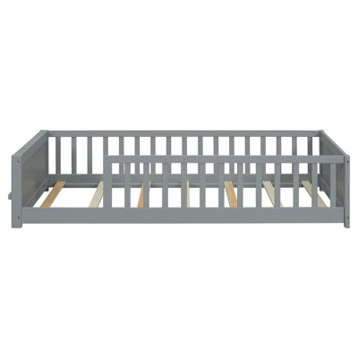 YOOCOZZ Twin Size Floor Platform Bed with Built-in Book Storage Rack and Guardrails