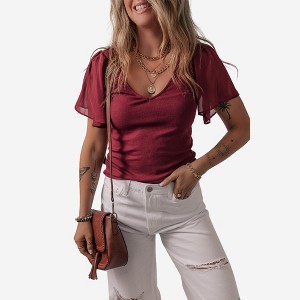 Amaryllis Women’s Ribbed Knit V-Neck Top Sheer Flutter Chiffon Short Sleeves Fitted Lightweight Romantic - 1 of 4