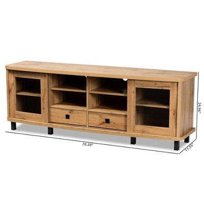 Oak Brown Wood TV Stand with Glass Doors and Drawers