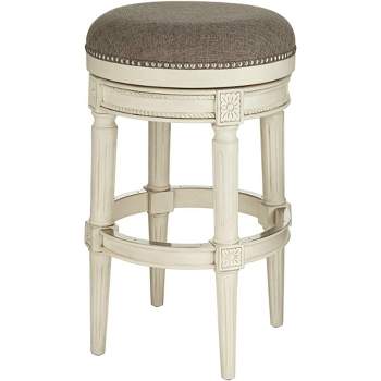 55 Downing Street Oliver Wood Swivel Bar Stool Distressed White 30 1/2" High Traditional Gray Round Cushion with Footrest for Kitchen Counter Height