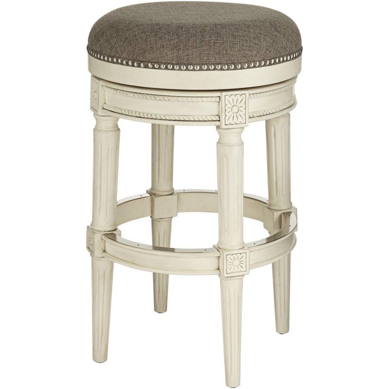 55 Downing Street Oliver Wood Swivel Bar Stool Distressed White 30 1/2" High Traditional Gray Round Cushion with Footrest for Kitchen Counter Height, 1 of 9
