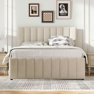 MAYEERTY Twin Size Upholstered Platform Bed, Trundle 3 Drawers Linen Fabric, Bedroom, Gray - 1 of 4