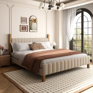 Brafabhome Bed Frame with Upholstered Headboard, Wood Bed Frame with Solid Wood Posts, No Box Spring Needed, Beige Linen - 1 of 4