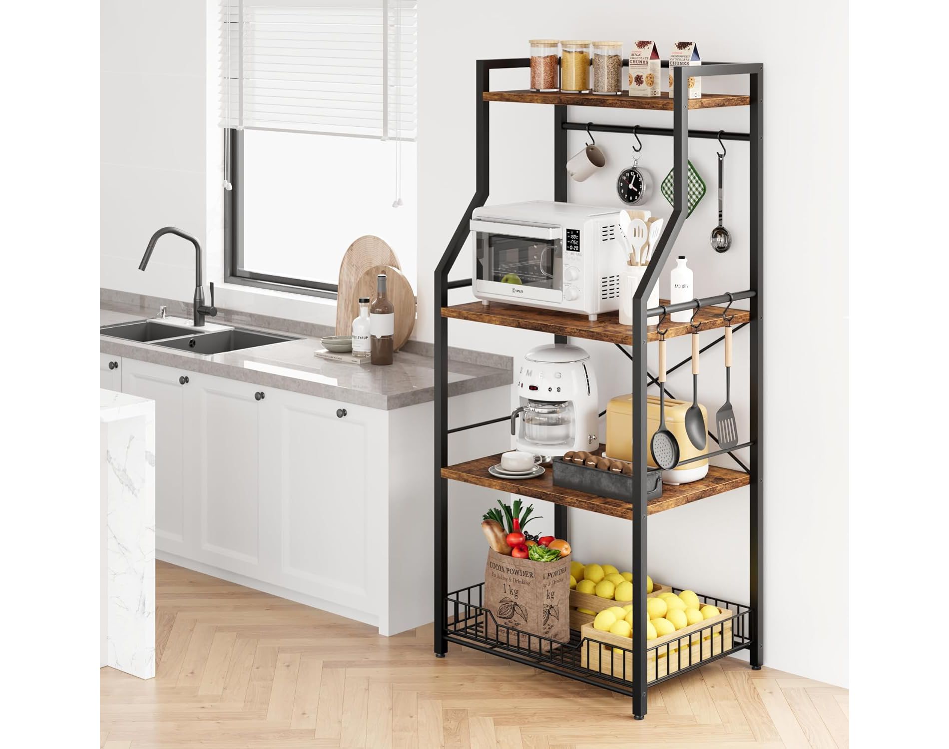 Kitchen Bakers Rack with Large Wire Baskets & 8 Hooks, Industrial Microwave Oven Stand Coffee Bar Station, Kitchen Utility Storage Shelf