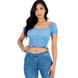 Slickblue Women's Ribbed Knit Puff Sleeve Top, Ruched Shoulder Detail, Short Sleeve Tee, Multiple Colors, Size S-L - 1 of 4