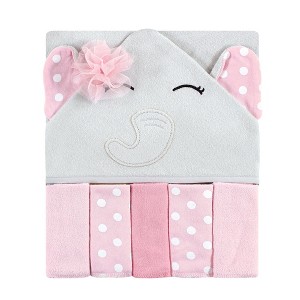 Hudson Baby Infant Girl Hooded Towel and Five Washcloths, White Dots Pretty Elephants, One Size - 1 of 2
