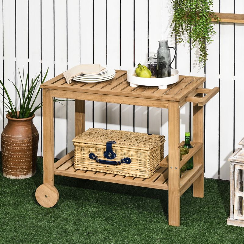 Outsunny Outdoor Bar Cart, Wood Rolling Home Bar & Serving Cart with 2 Shelves, Wine Bottle Holders for Garden, Dining Room, Natural, 3 of 7