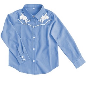 Girls' Vintage Embroidered Long - Sleeve Shirt, Classic Button - Down Collared Top Blue 150 - 1 of 2