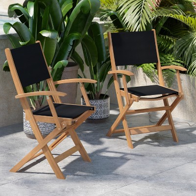 Acacia Wood and Black Mesh Folding Patio Bistro Chairs