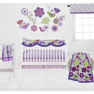 Bacati - Botanical Floral Birds Purple Multicolor 6 pc Crib Bedding Set with Long Rail Guard Cover - 1 of 4