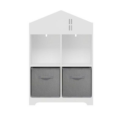 Vynxaria Kids Dollhouse Bookcase with Storage, 2-Tier Organizer & 2 Collapsible Fabric Drawers for Bedroom or Playroom (White/Gray)