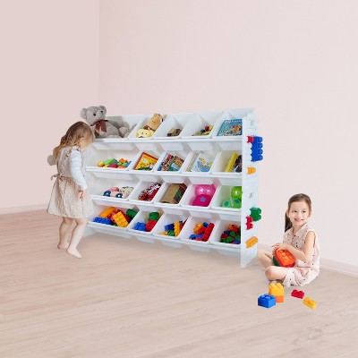 UNiPLAY Toy Organizer With 20 Removable Storage Bins and Block Play Panel, Multi-Size Bin Organizer (White)