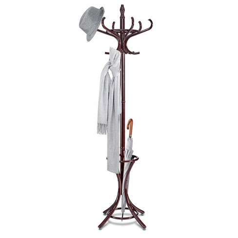 Wood Standing Hat Coat Rack Jacket Bag Hanger Tree 12 Hooks Black