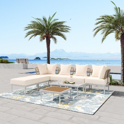 8-Piece Patio Sectional Sofa Set with Tempered Glass Coffee Table and Wooden Coffee Table 4A - ModernLuxe