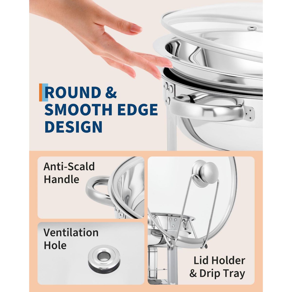 4/6 Pack 5QT Stainless Steel Round Chafing Dish Set, Buffet Food Warmer with Glass Lid, Lid Holder, Drip Tray&Fuel Holder for Party, Wedding, Picnic - thumbnail 7