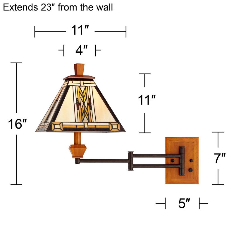 Robert Louis Tiffany Rustic Swing Arm Wall Lamp Walnut Wood Bronze Plug-in Light Fixture Adjustable Stained Glass Shade for Bedroom Bedside Reading, 4 of 9