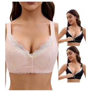 INSPIRE CHIC Front Closure for Women's Lace Full Coverage V Neck Wirefree Adjustable Straps Bras 3 Packs - 1 of 4