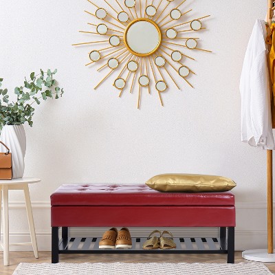 Elegant Crimson Red Faux Leather Ottoman Storage Bench with Shoe Rack