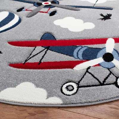 Playful Carousel 5'3" Round Light Grey & Red Kids Area Rug