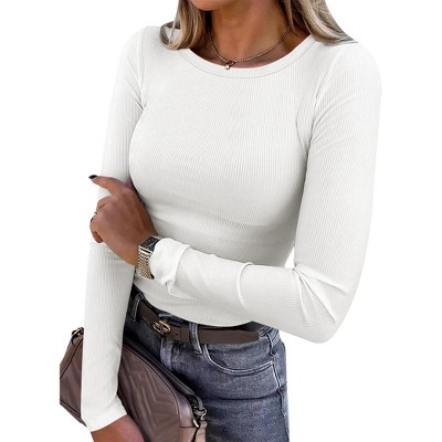 Women's Long Sleeve Rib Knit Shirt Slim Fit Basic Top Soft Casual Tee Fall Outfit 2025 Layering T-Shirt