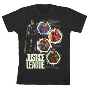 Justice League Movie Batman and Hexagon Superhero Panels Black T-shirt Toddler Boy to Youth Boy - 1 of 3